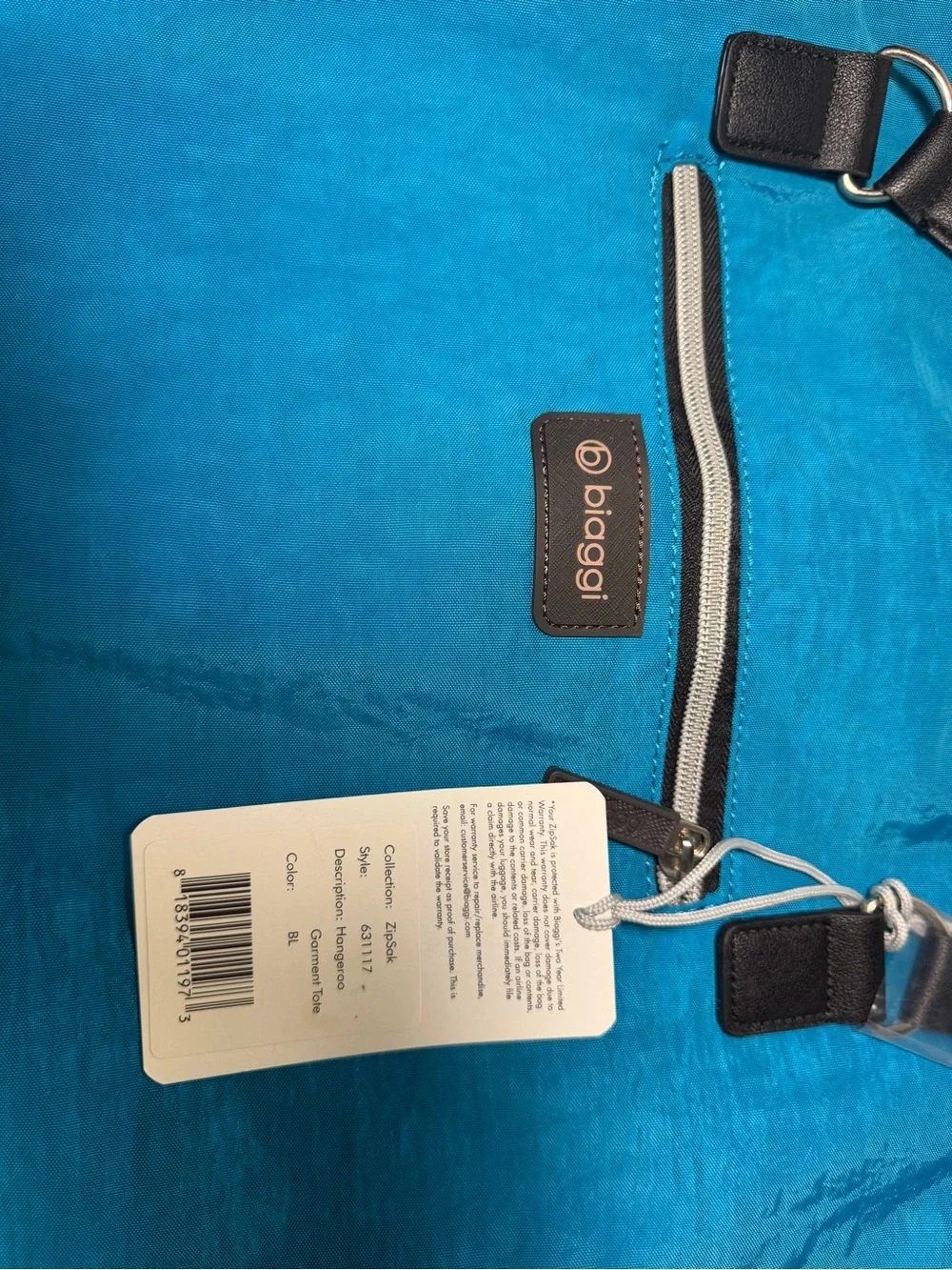 NWT biaggi Turquoise Blue Folding Travel Garment Bag Suit Dress Carrier